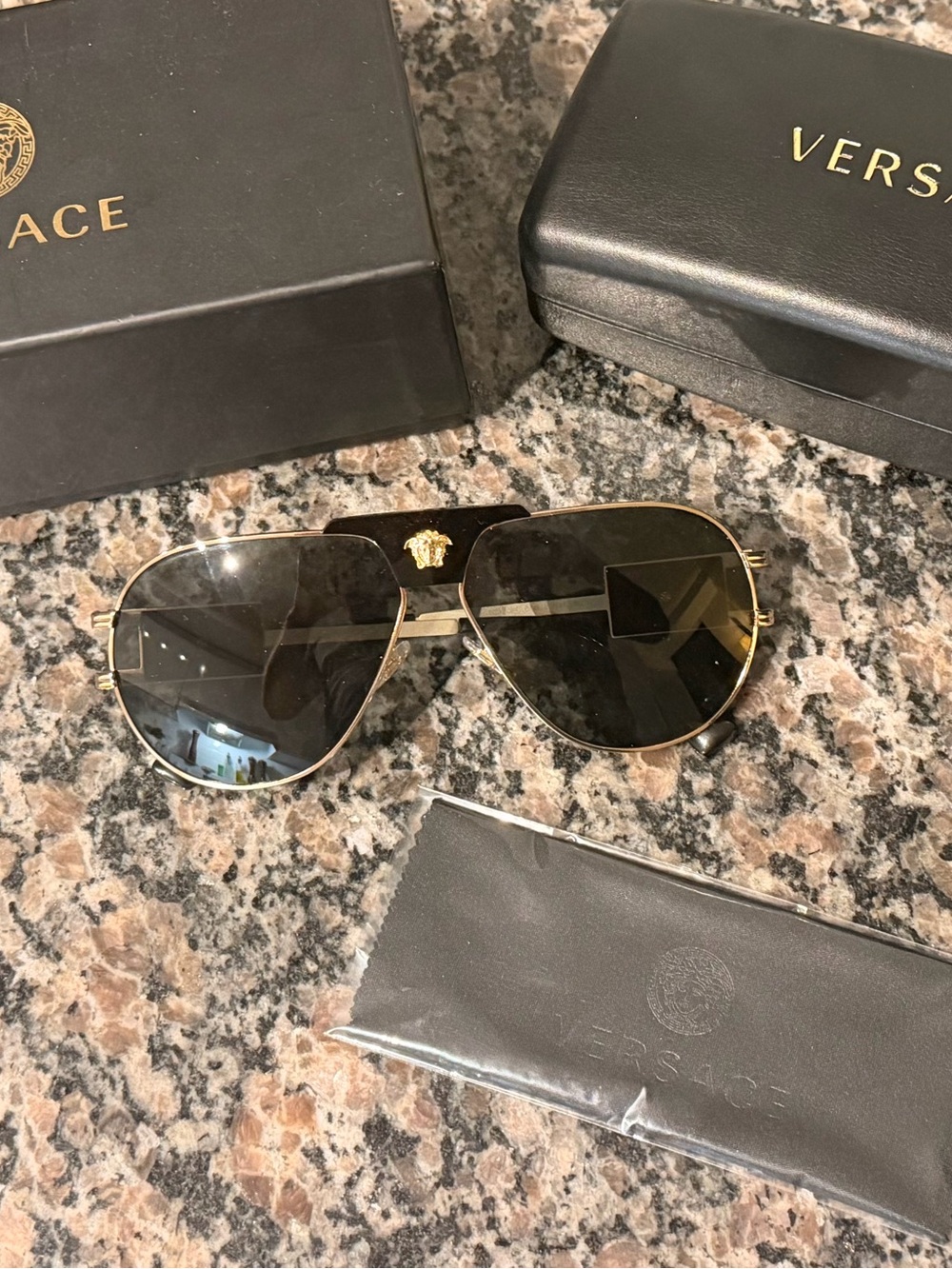 Versace Gold Frame Aviator Sunglasses with Black Lenses and Medusa Accent